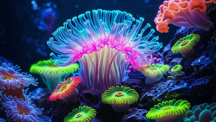 Подводные неоновые растения: крупный цветок в центре, несколько мелких. Природный био-дизайн как прообраз флористики будущего.